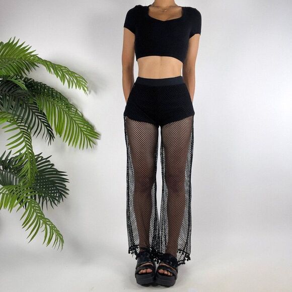 Vintage Black Mesh Crochet Fishnet Wide Leg Beachy Goth Cover Up Pants / Small - Picture 3 of 5